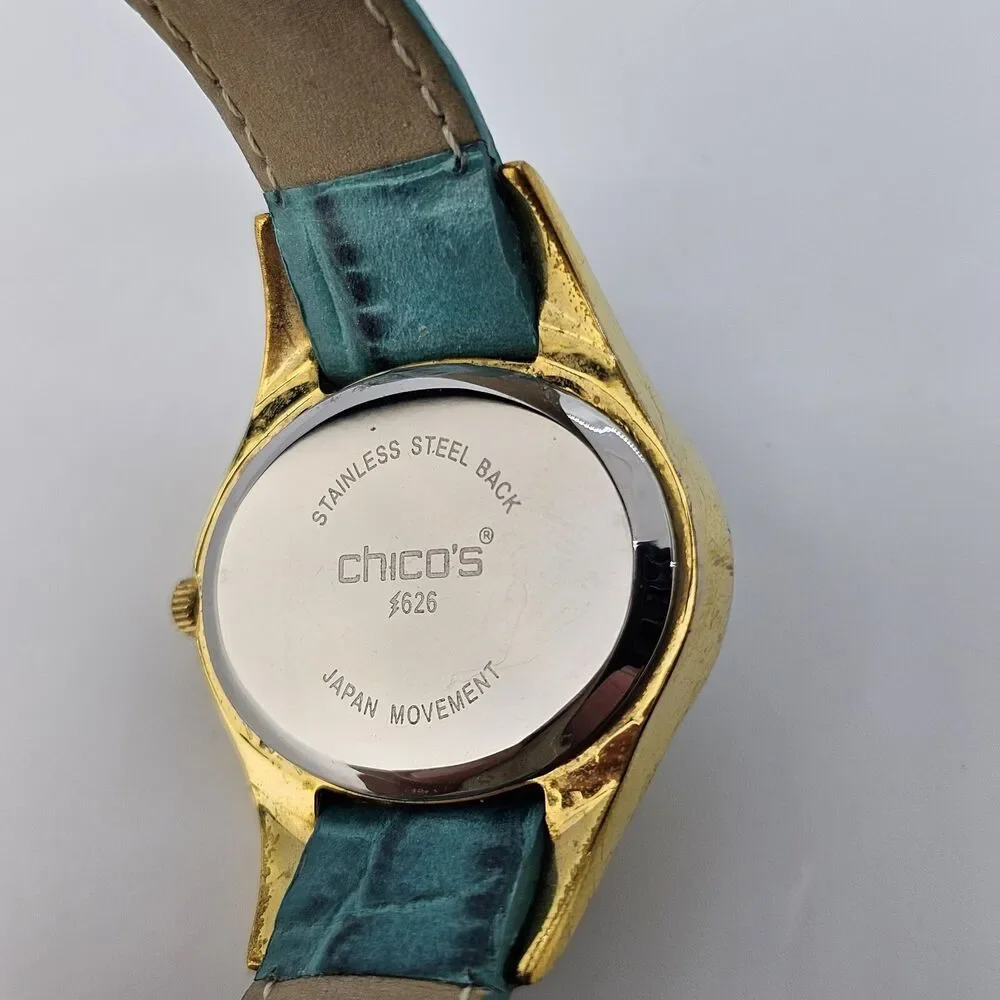 Chico's Women's Watch 32MM Green Gold Dial Green Leather Band Straps New Battery